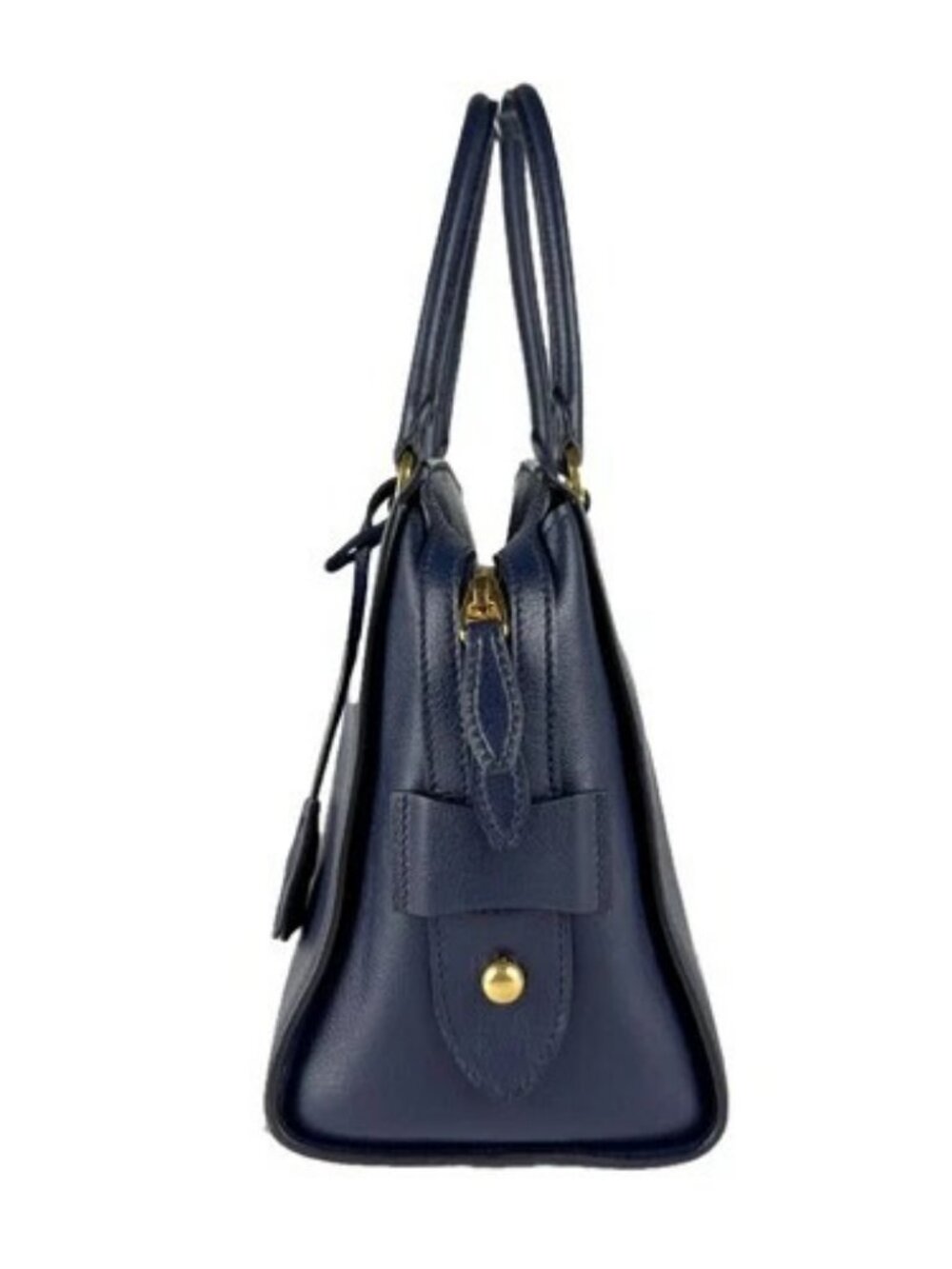 Auth PRADA Handbag Shoulder Bag Navy Leather/Goldtone - z8878 - Picture 2 of 14